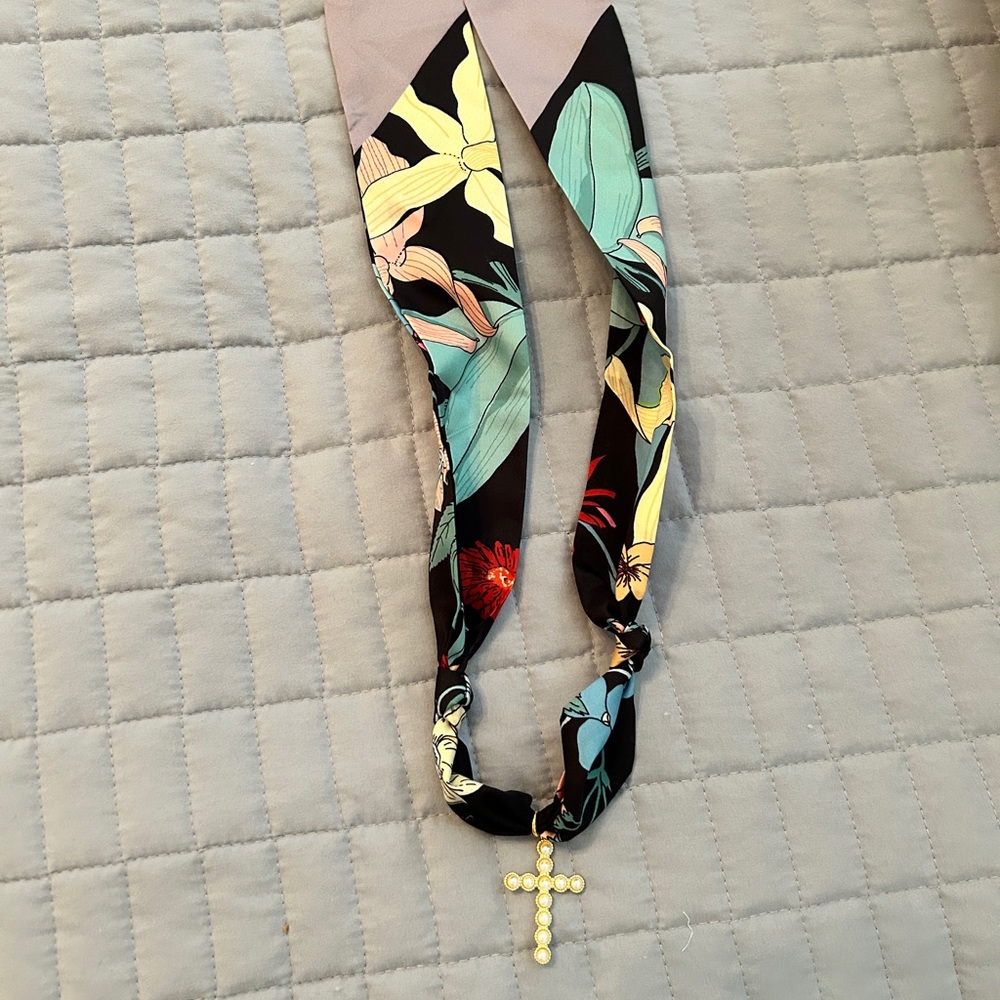 Floral Silk Scarf Necklace with Gold Cross Pendant - Black & Mint